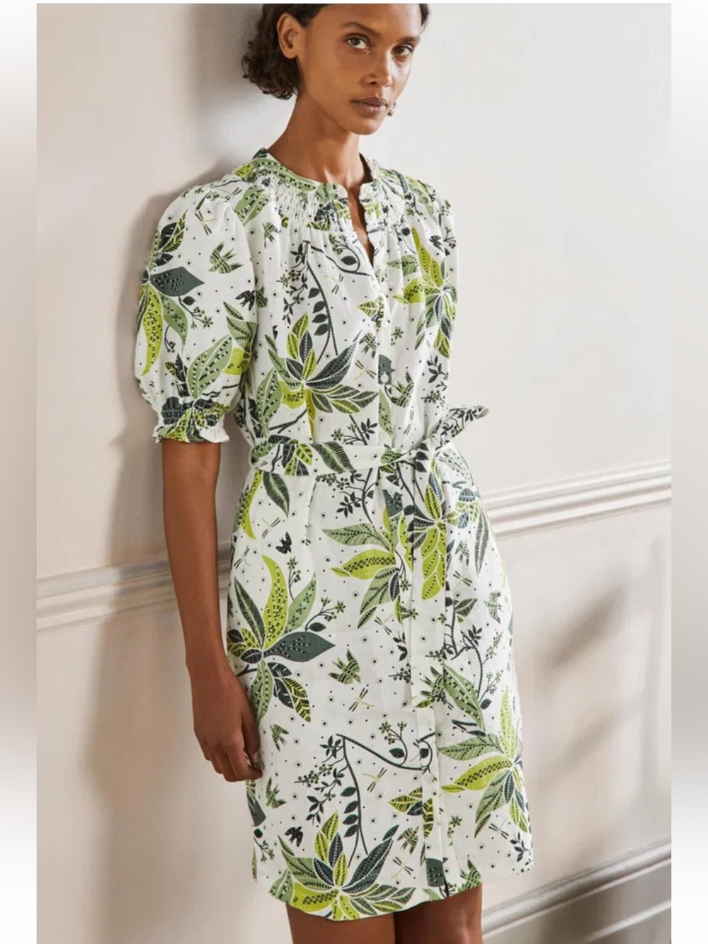 Boden 100% Linen Smocked Tropical Shirt Dress Size 20/22L NWT